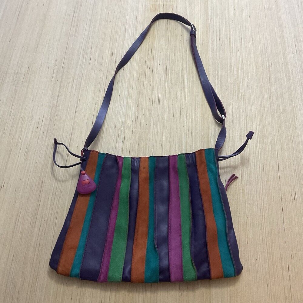 MYWALIT Crossbody Drawstring Stripe Purple Orange Green  Leather Suede Purse Bag
